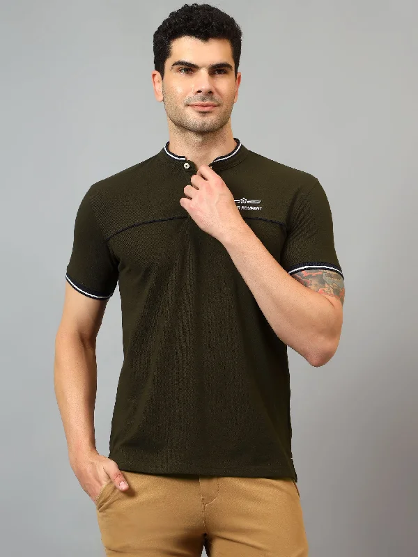 Men’s stylish henley top-Men's Olive Green Mandarin neck Half Sleeve T-Shirt with cut and sew