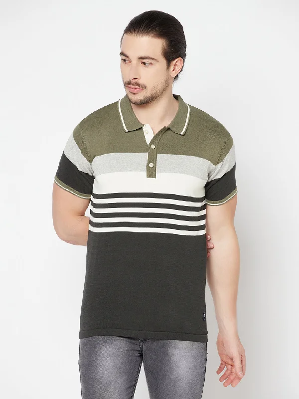 Men’s breathable slub top-Men's Olive Green Placement Stripe Polo neck Half Sleeve Flatknit T-Shirt