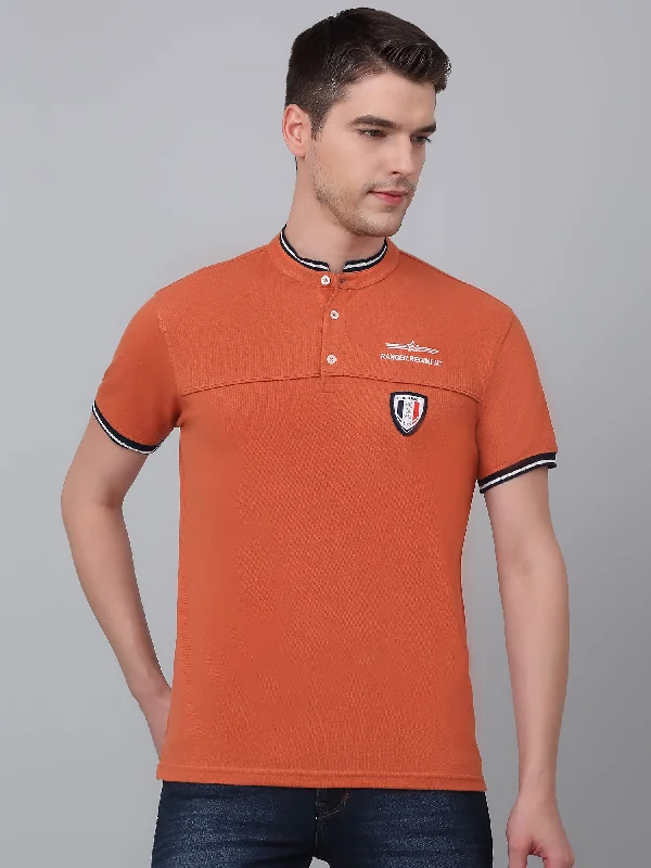 Men’s casual marled shirt-Men's Orange Printed Mandarin Collar T-shirt