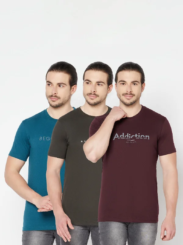 Men’s comfy henley top-Men's Pack of 3 Round neck Half Sleeve T-Shirt Airforce Blue,Olive Green, Wine