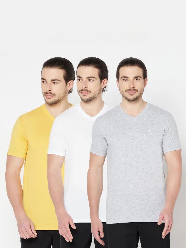 Men’s stylish paisley tee-Men's Pack of 3 V neck Half Sleeve T-Shirt Yellow,White,Grey Melange