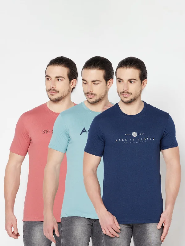 Men’s casual chevron top-Men's Pack of 3 Round neck Half Sleeve T-Shirt Coral, Light Blue,Navy Blue