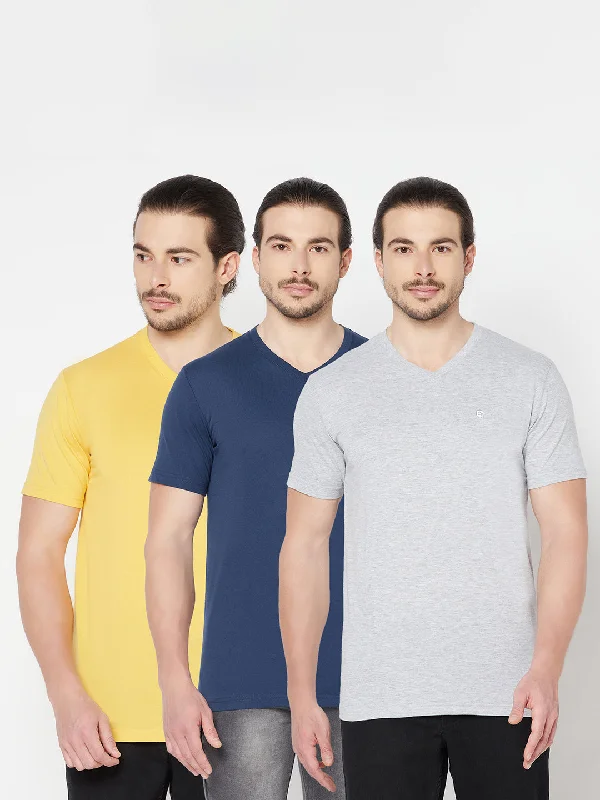 Men’s modern chevron tee-Men's Pack of 3 V neck Half Sleeve T-Shirt Yellow,Blue,Grey Melange