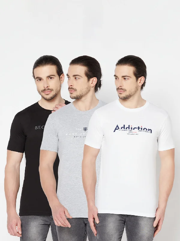 Men’s slim-fit slub shirt-Men's Pack of 3 Round neck Half Sleeve T-Shirt Black,White,Grey Melange