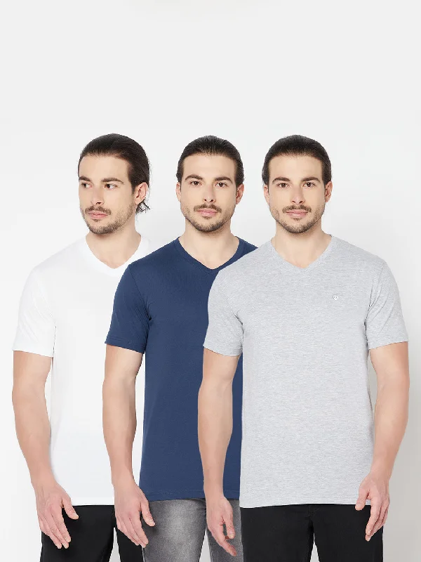 Men’s casual polka-dot tee-Men's Pack of 3 V neck Half Sleeve T-Shirt White,Blue,Grey Melange