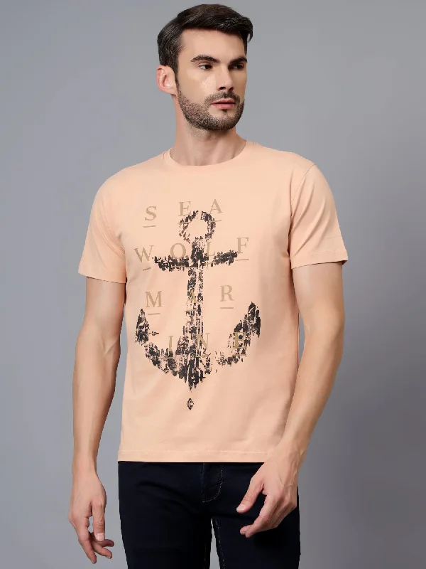 Men’s slim-fit ombre shirt-Men's Peach Printed Round Neck Half Sleeve T-shirt