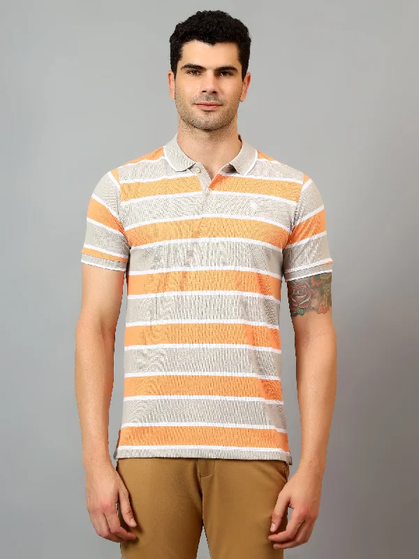 Men’s bright marled top-Men's Peach Stripe Polo neck Half Sleeve T-Shirt