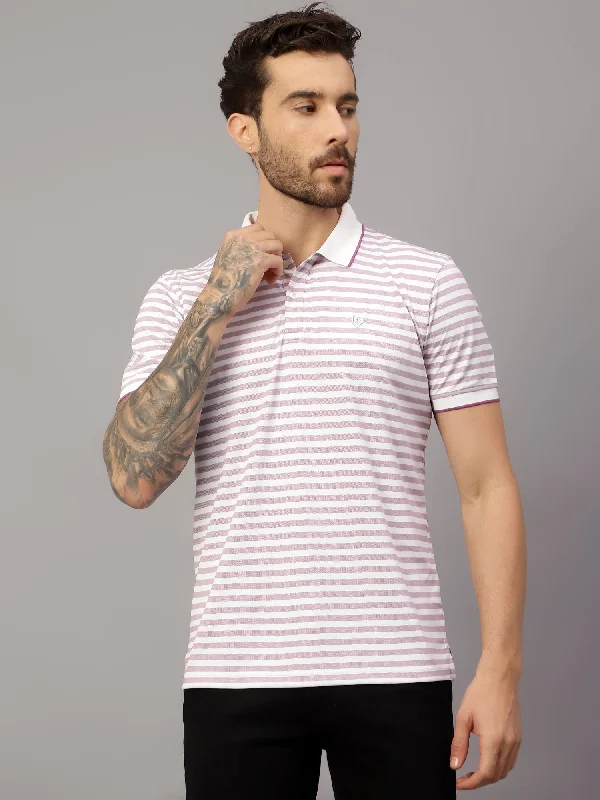 Men’s bold slub short-sleeve top-Men's Purple Stripe Polo neck Half Sleeve T-Shirt