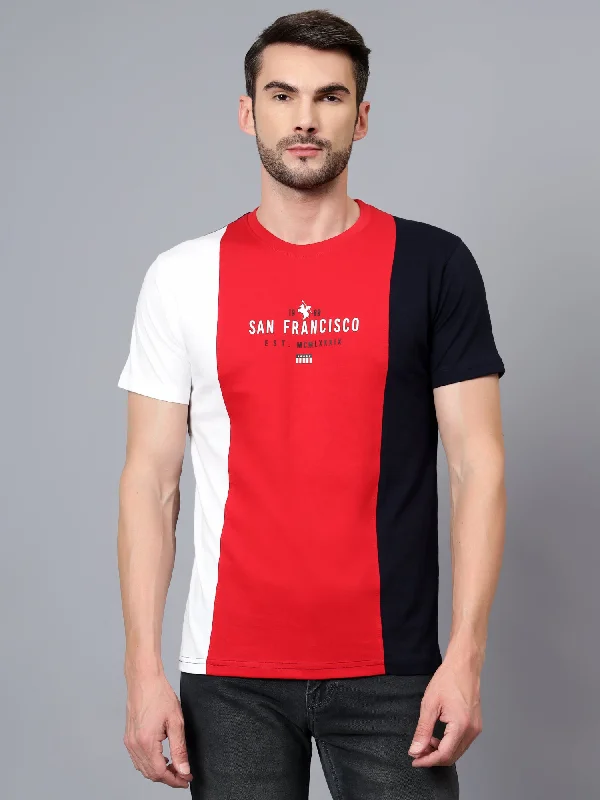 Men’s bold mercerized tee-Men's Red Color Blocked Round Neck Half Sleeve T-shirt