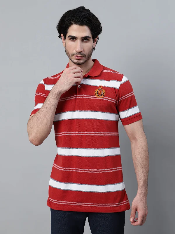 Men’s comfy mercerized shirt-Men's Red Striped Polo Neck Half Sleeve T-shirt