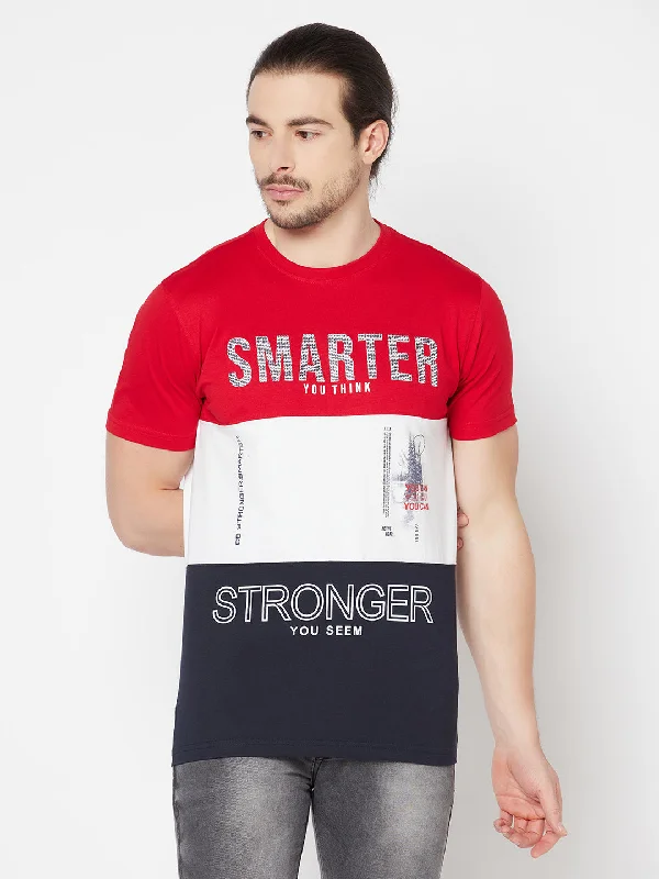 Men’s relaxed raglan top-Men's Red Color block Round neck Half Sleeve T-Shirt with Print