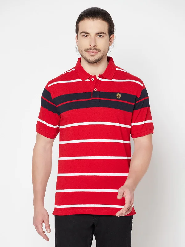 Men’s breathable slub top-Men's Red Stripe Polo neck Half Sleeve T-Shirt