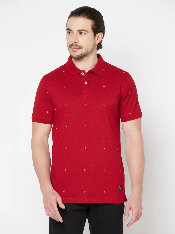 Men’s casual marled shirt-Men's Red All over print Polo neck Half Sleeve T-Shirt