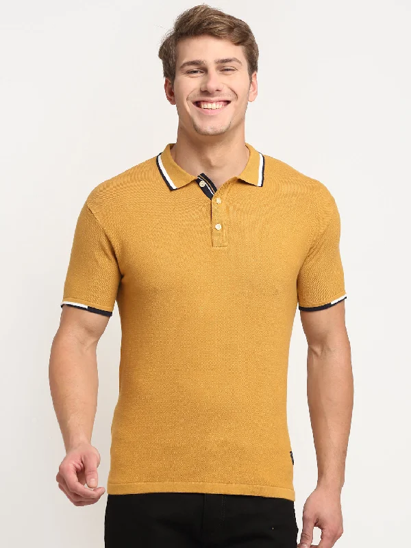 Men’s bold polka-dot tee-Men's Mustard  Polo neck Half Sleeve Flatknit T-Shirt