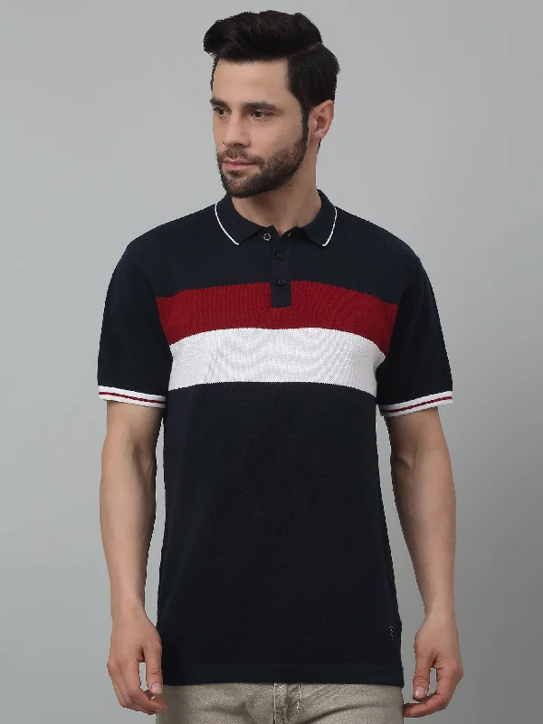 Men’s modern tribal tee-Men's Navy Blue Color block Polo neck Half Sleeve Flatknit T-Shirt