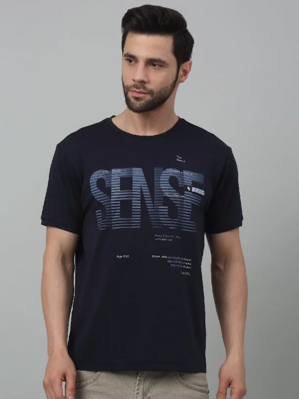 Men’s modern heathered shirt-Men's Navy Blue Round neck Half Sleeve T-Shirt with Print