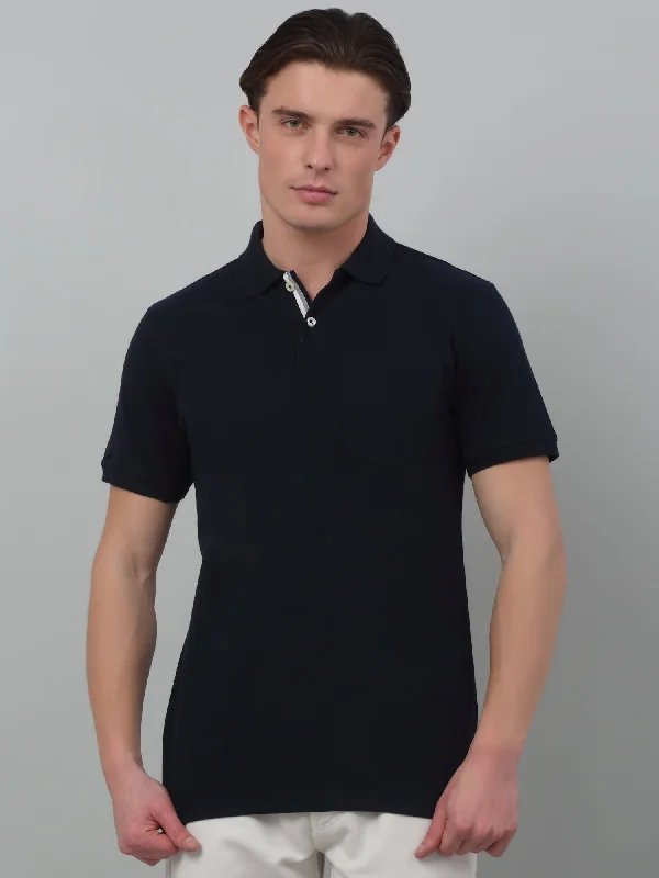 Men’s soft slub short-sleeve top-Men's Navy Blue Polo neck Half Sleeve T-Shirt with chest pocket