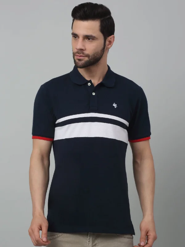 Men’s durable dri-fit top-Men's Navy Blue Stripe Polo neck Half Sleeve T-Shirt