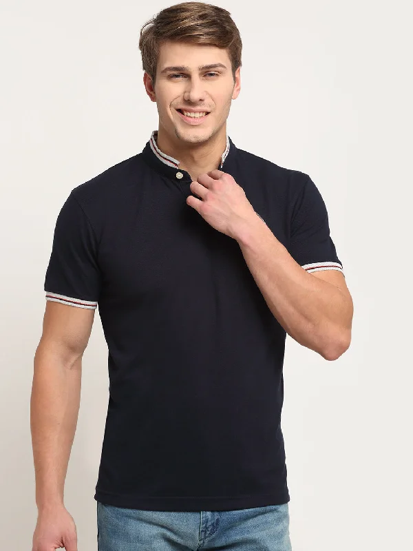 Men’s modern supima top-Men's Navy Blue Mandarin neck Half Sleeve T-Shirt