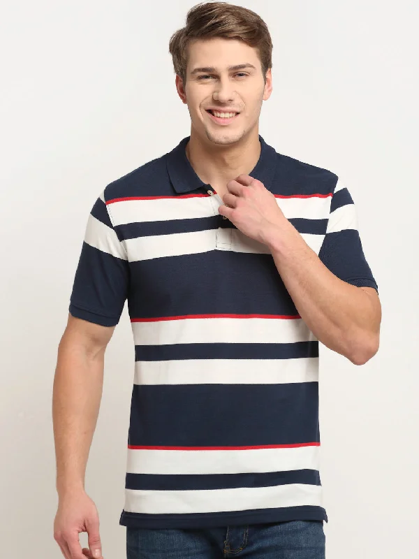 Men’s trendy tribal short-sleeve top-Men's Navy Blue Stripe Polo neck Half Sleeve T-Shirt