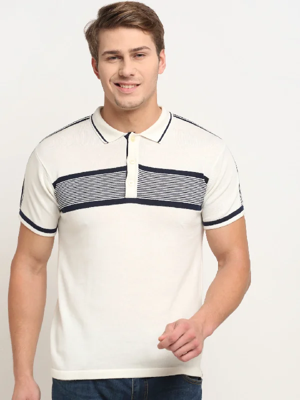 Men’s lightweight modal tee-Men's Offwhite Placement Stripe Polo neck Half Sleeve Flatknit T-Shirt