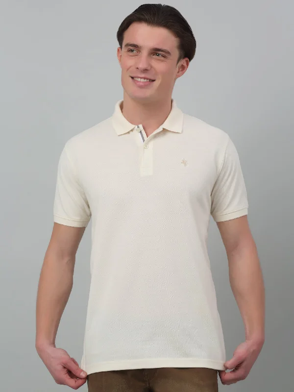 Men’s bold henley shirt-Men's Offwhite  Polo neck Half Sleeve T-Shirt