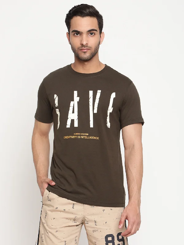 Men’s soft slub short-sleeve top-Men's Olive Green Round neck Half Sleeve T-Shirt with Print