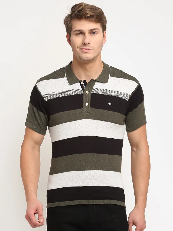 Men’s stylish distressed top-Men's Olive Green Stripe Polo neck Half Sleeve T-Shirt