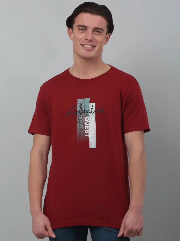 Men’s trendy supima shirt-Men's Red  Round neck Half Sleeve T-Shirt with Typographic print