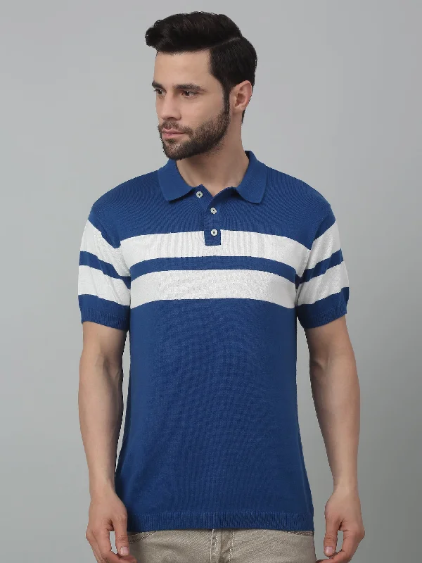 Men’s soft slub short-sleeve top-Men's Royal Blue Stripe Polo neck Half Sleeve Flatknit T-Shirt