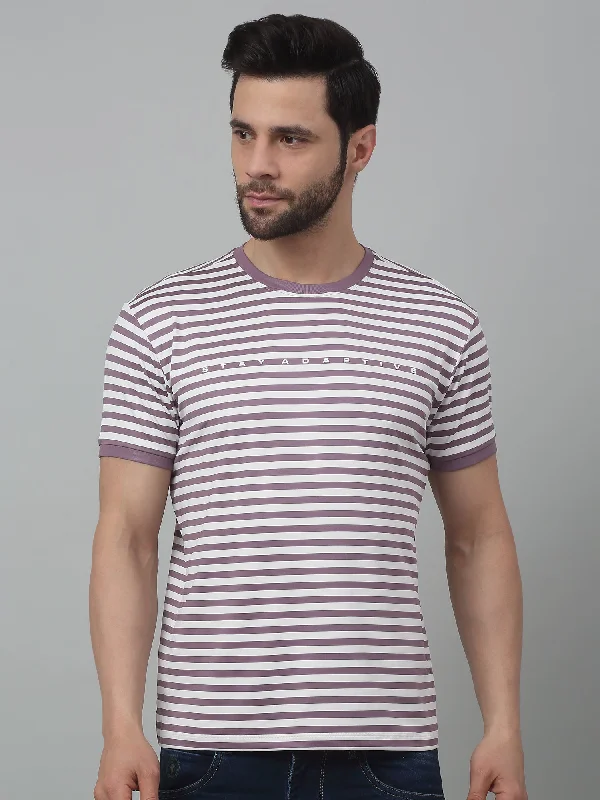 Men’s comfy dri-fit top-Men's Purple Stripe Round neck Half Sleeve T-Shirt with print