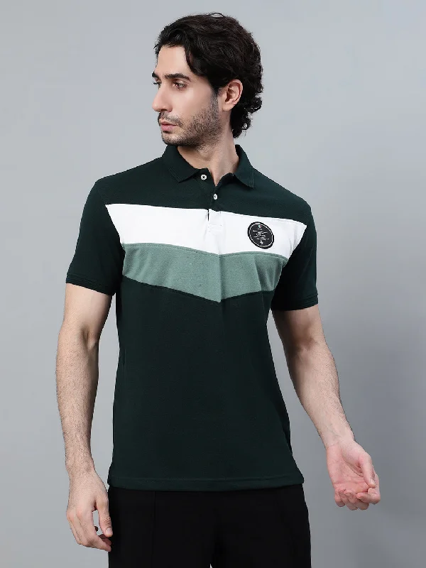 Men’s breathable pique short-sleeve shirt-Men's Dark Green Color Block Polo Neck T-shirt