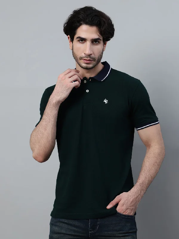 Men’s bright polka-dot shirt-Men's Dark Green Solid Polo Neck Half Sleeve T-shirt