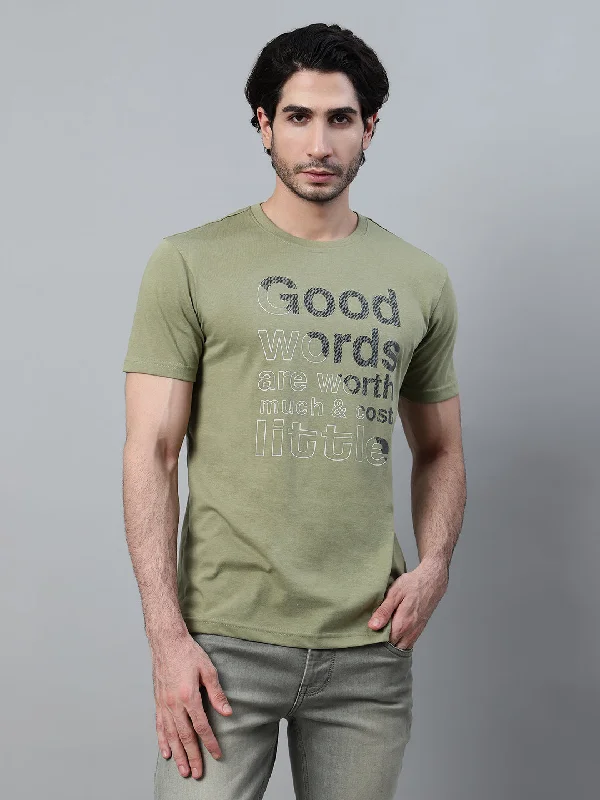 Men’s breathable slub top-Men's Green Printed Round Neck Half Sleeve T-shirt