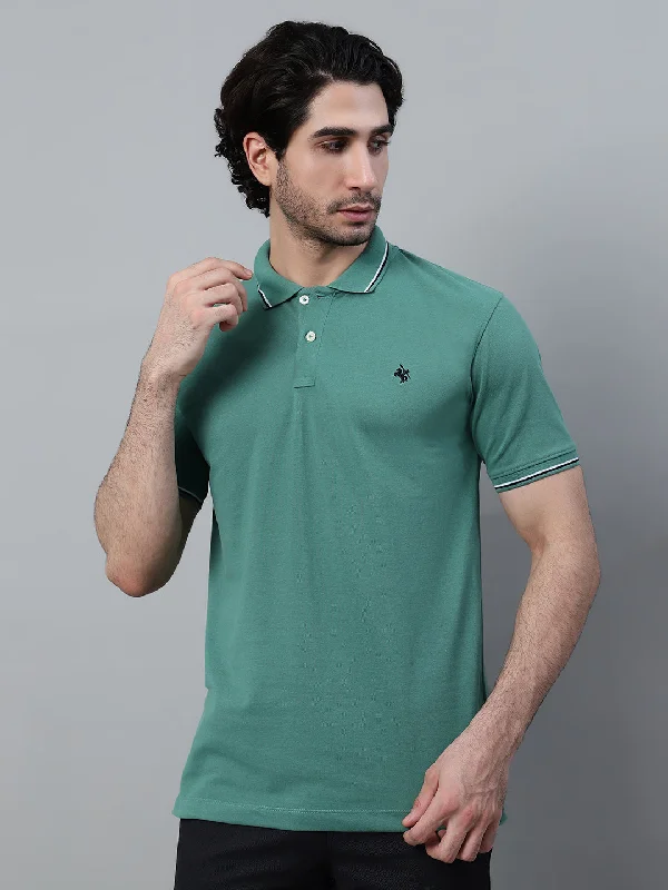 Men’s breathable modal top-Men's Green Solid Polo Neck Half Sleeve T-shirt