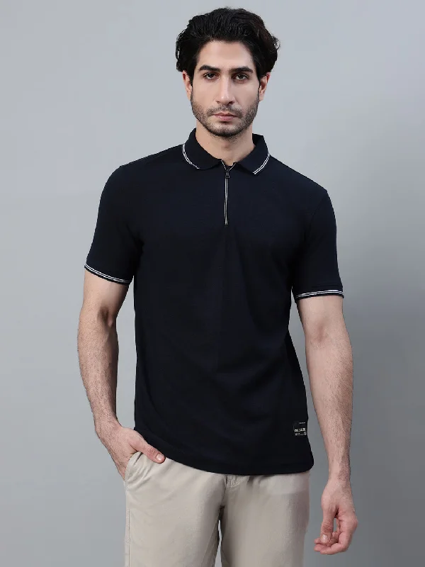 Men’s bold distressed shirt-Men's Navy Blue Solid Polo Neck Half Sleeve T-shirt