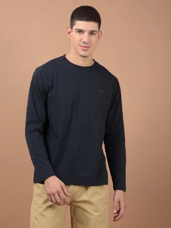 Men’s casual ombre shirt-Men's Navy Self Design Full Sleeves Round Neck T-shirt For Winter