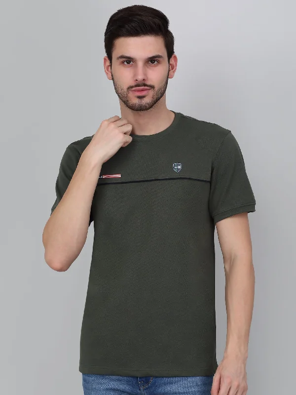 Men’s soft heathered top-Men's Olive Green Self Design Round Neck T-shirt