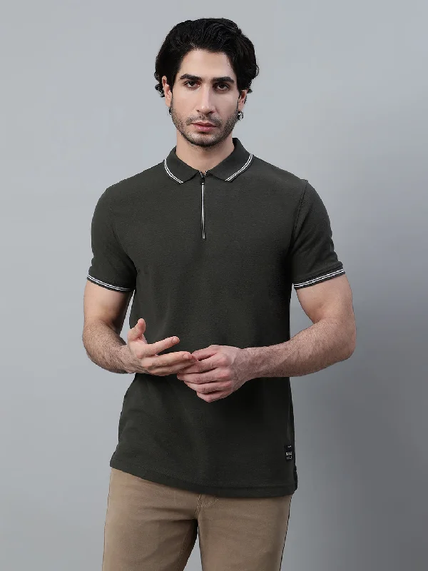 Men’s casual tribal top-Men's Olive Green Solid Polo Neck Half Sleeve T-shirt