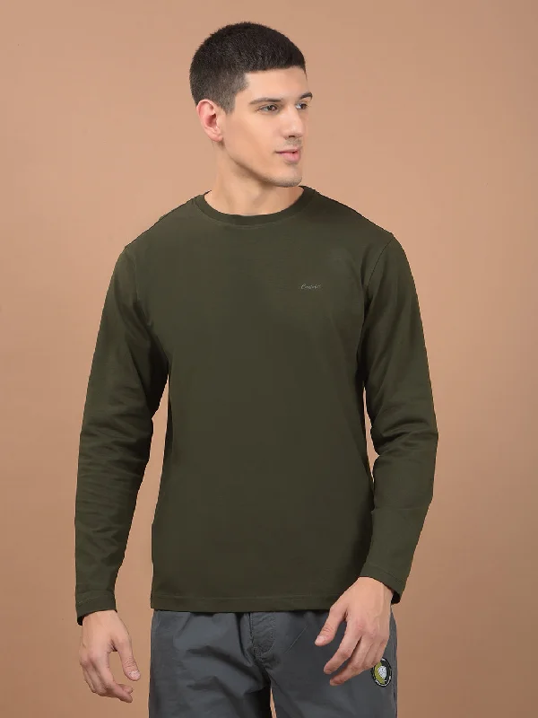 Men’s stylish ombre tee-Men's Olive Self Design Full Sleeves Round Neck T-shirt For Winter