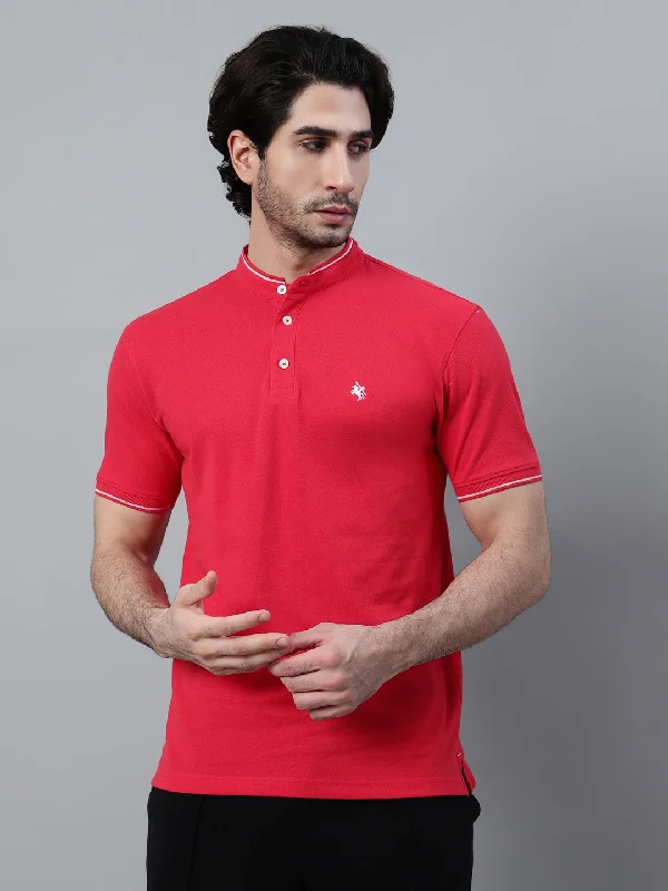 Men’s soft modal tee-Men's Red Solid Mandarin Collar Half Sleeve T-shirt