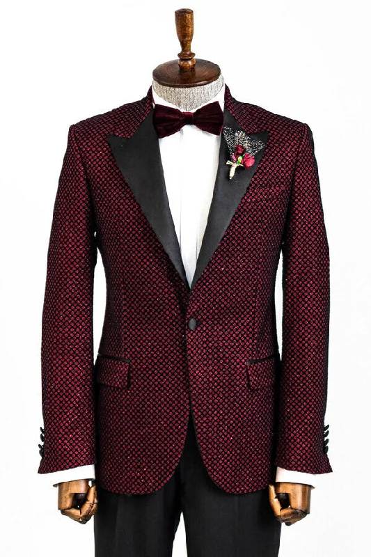 Men’s durable shawl suit-Black Patterned Over Burgundy Men Singer Tuxedo Blazer - Wessi