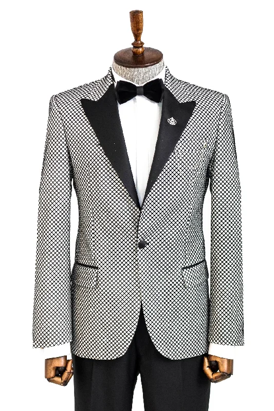 Men’s slim-fit poplin suit-Black Patterned Over White Men Party Blazer - Wessi