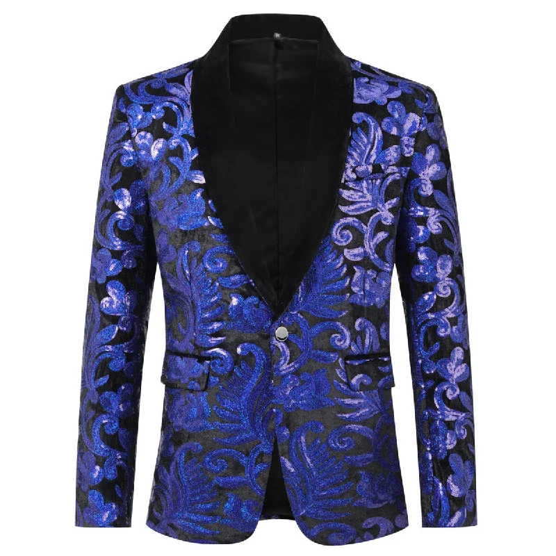 Men’s slim-fit seersucker suit-Blue Sequins Blazer Shawl Collar Blazer