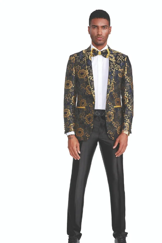 Men’s relaxed windowpane suit-Brillante Collection: Men's Floral Pattern Blazer With Interior Pic Stitching in Gold