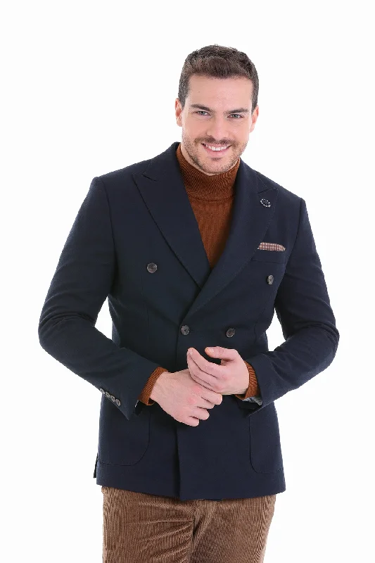 Men’s soft velvet suit-Comfort Fit Double Breasted Wool Blend Navy Casual Blazer