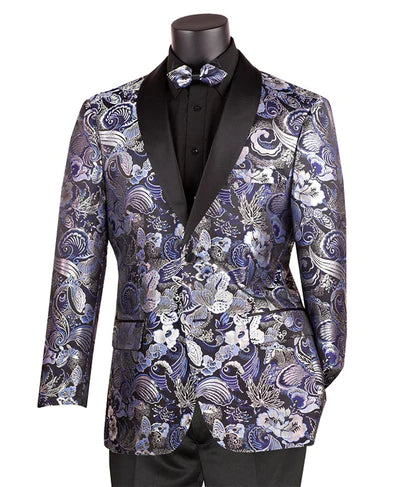 Men’s casual three-button suit-Cosmos Collection: Navy 2 Button Paisley Pattern Single Breasted Modern Fit Blazer