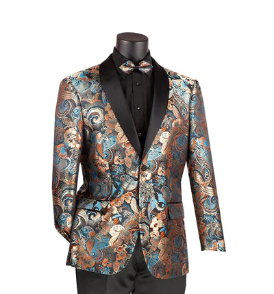 Men’s bright seersucker suit-Cosmos Collection: Teal 2 Button Paisley Pattern Single Breasted Modern Fit Blazer