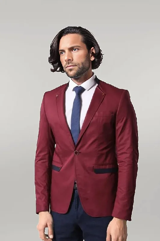 Men’s durable corduroy suit-Crew Neck Burgundy Men Blazer - Wessi