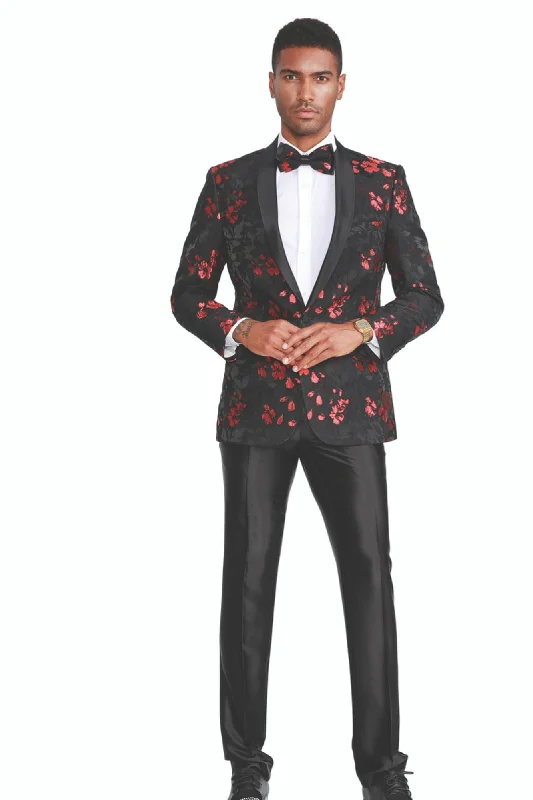 Men’s slim-fit velvet suit-Decoroso Collection: Men's Floral Pattern Blazer With Interior Pic Stitching in Black & Red